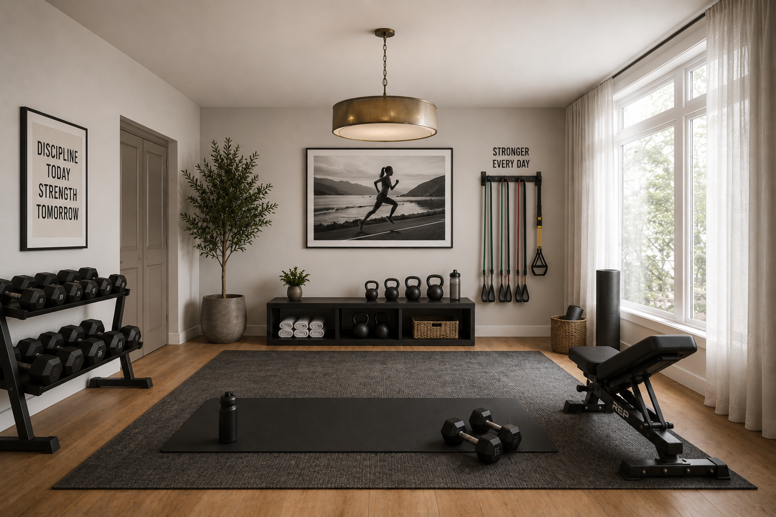 The same room staged as a home gym